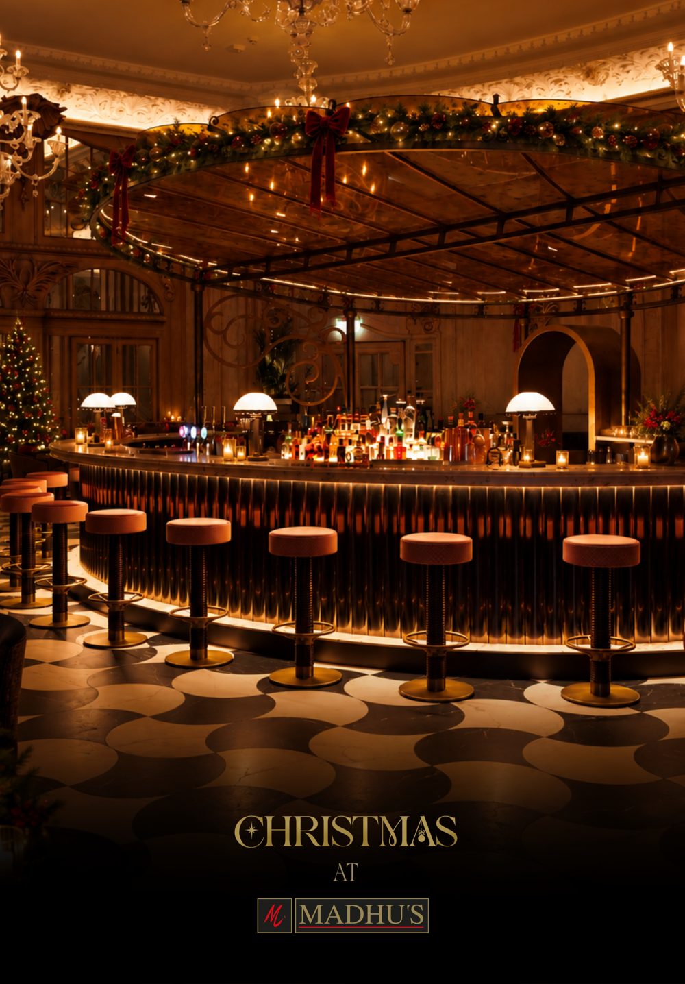 Christmas at Madhu's – festive bar with garlands and candlelight